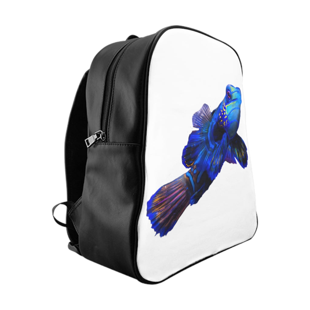 Blue Fish School Backpack featuring a vibrant fish print, padded back, and chocolate brown lining, ideal for school and everyday use.