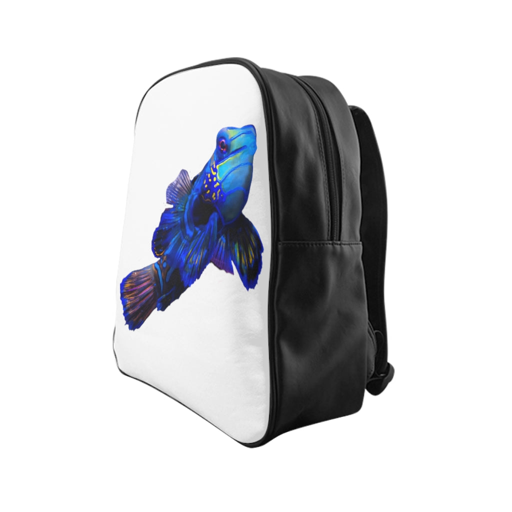 Blue Fish School Backpack featuring a vibrant fish print, padded back, and chocolate brown lining, ideal for school and everyday use.