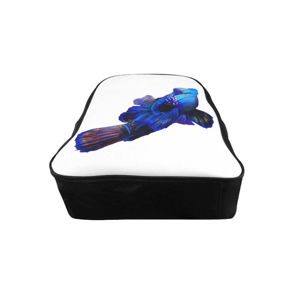 Blue Fish School Backpack featuring a vibrant fish print, padded back, and chocolate brown lining, ideal for school and everyday use.