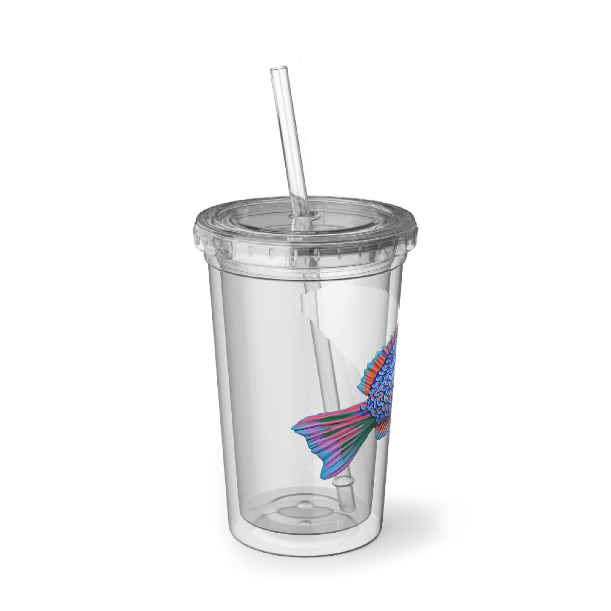 Blue Fish Suave Acrylic Cup with double-wall insulation, featuring a vibrant design and a plastic lid with a straw.