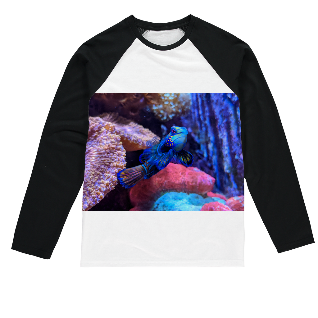 Blue Fish Sublimation Baseball Long Sleeve T-Shirt featuring long sleeves, crew neck, and mixed fabric for comfort and durability.