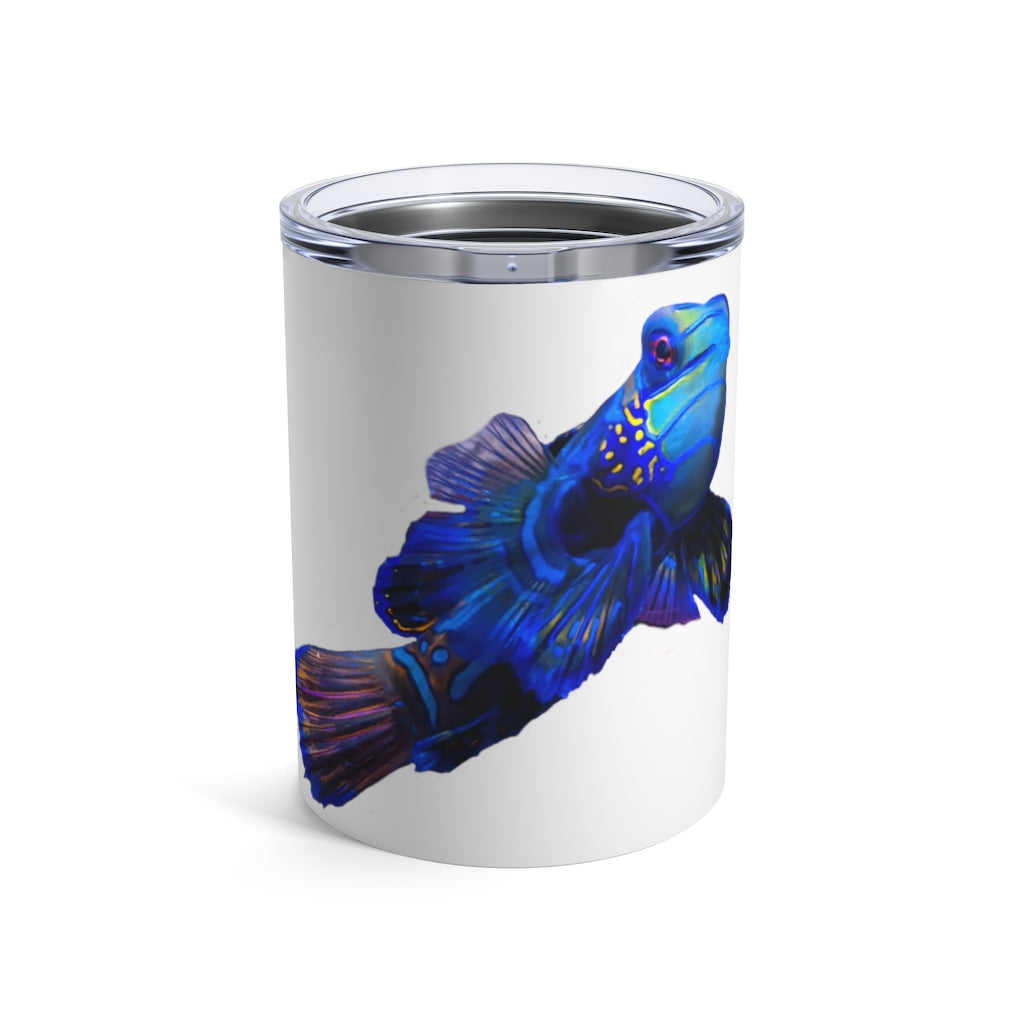 Blue Fish Tumbler 10oz made of stainless steel with a see-thru plastic lid, featuring rounded corners and a stylish design.