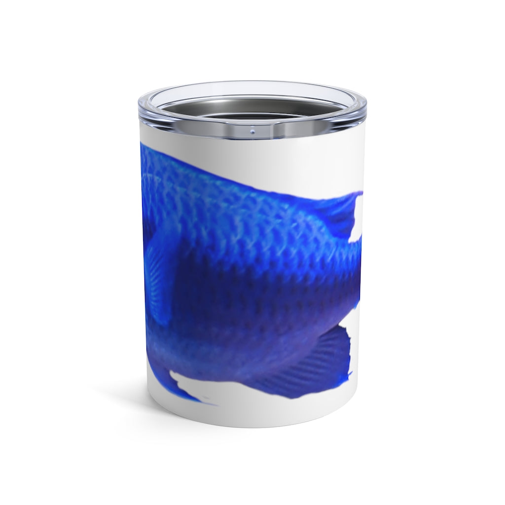 Blue Fish Tumbler 10oz made of stainless steel with a see-thru plastic lid, featuring rounded corners and a vibrant blue color.