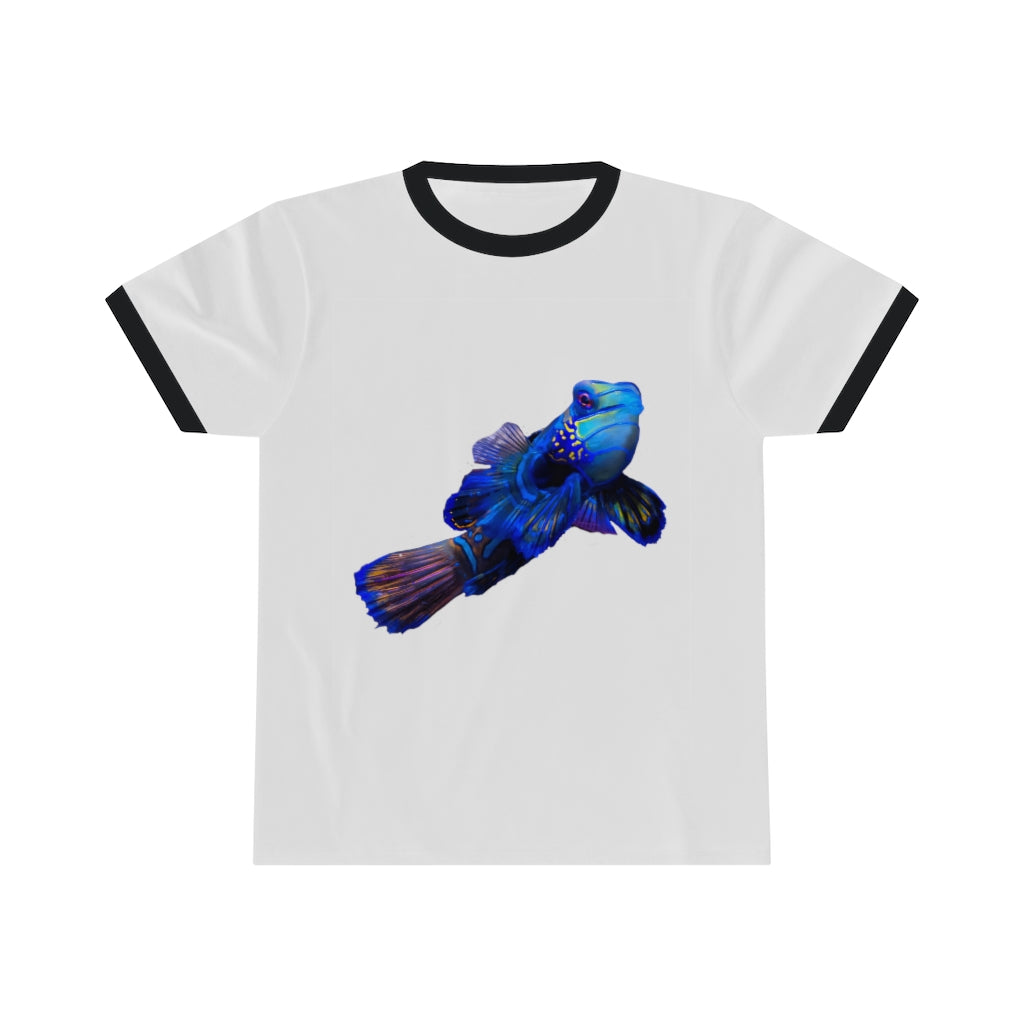 Blue Fish Unisex Ringer Tee featuring a classic design with contrasting neckline, available in multiple colors.