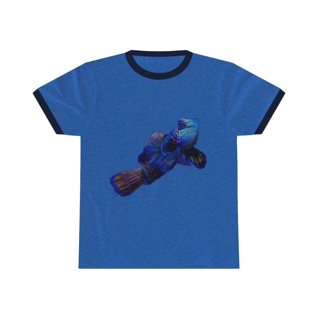 Blue Fish Unisex Ringer Tee featuring a classic design with contrasting neckline, available in multiple colors.