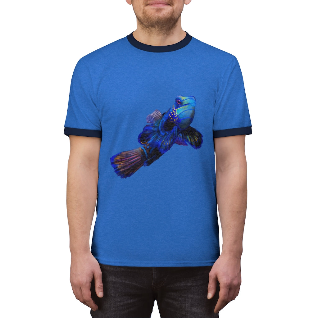 Blue Fish Unisex Ringer Tee featuring a classic design with contrasting neckline, available in multiple colors.