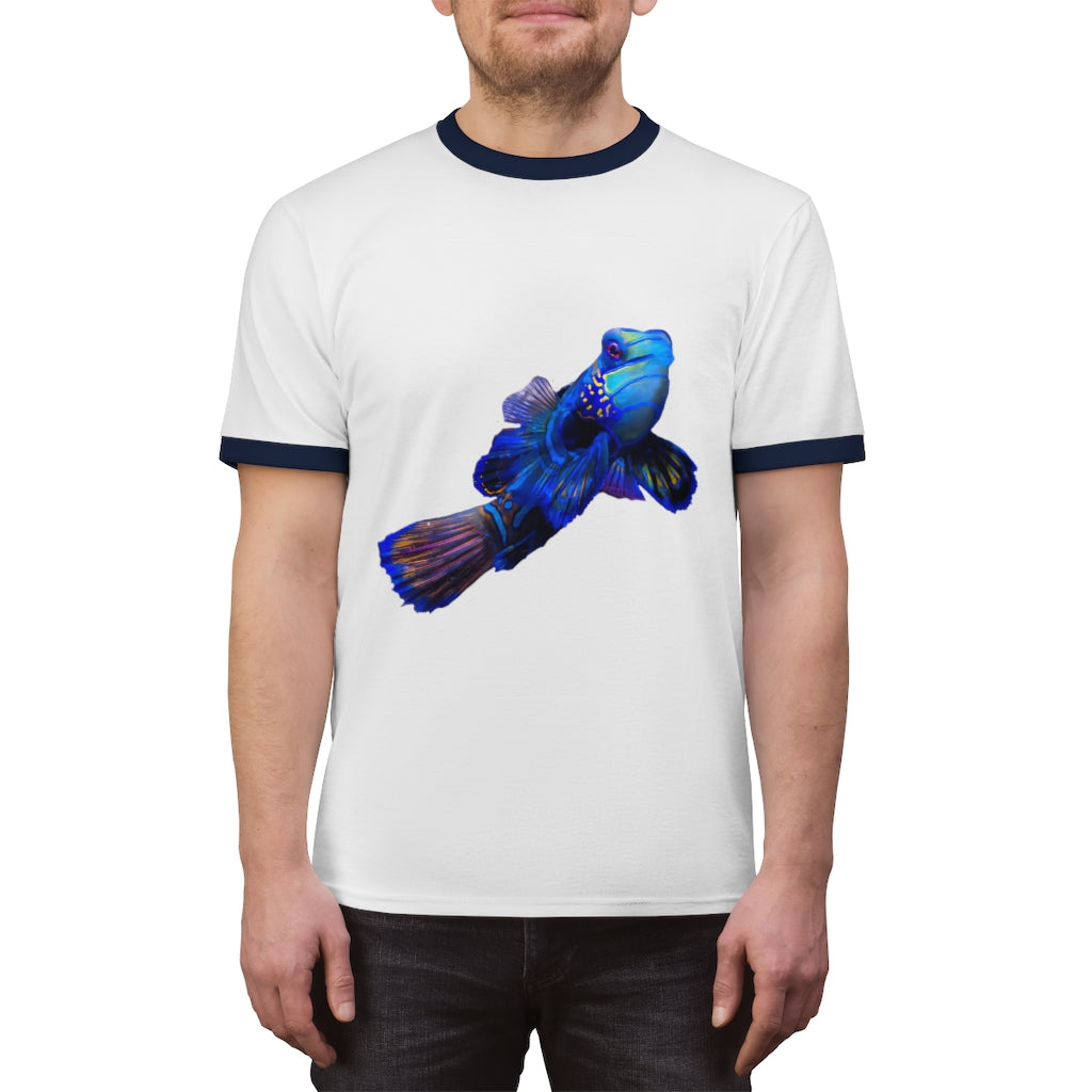 Blue Fish Unisex Ringer Tee featuring a classic design with contrasting neckline, available in multiple colors.