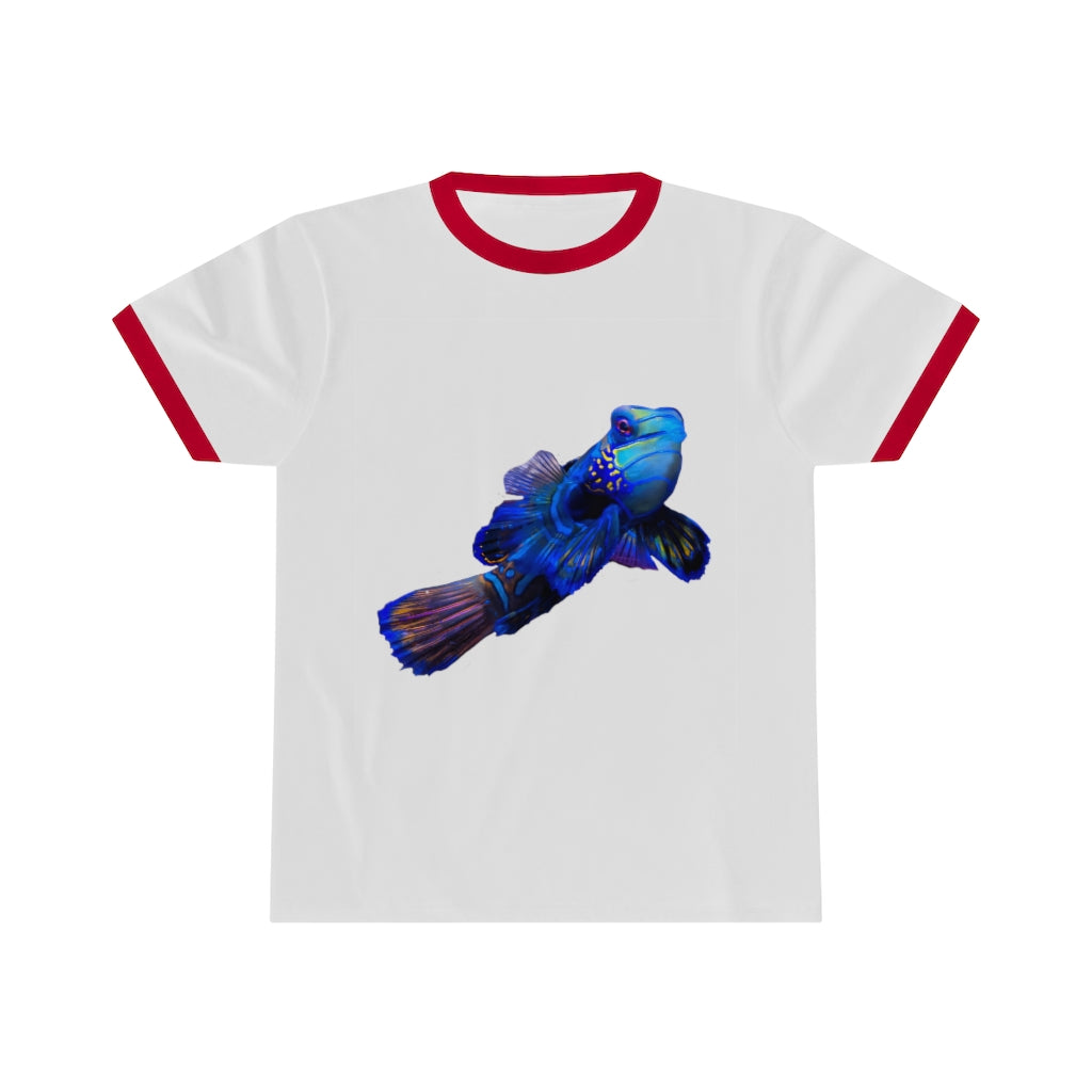 Blue Fish Unisex Ringer Tee featuring a classic design with contrasting neckline, available in multiple colors.