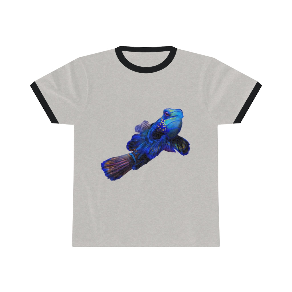 Blue Fish Unisex Ringer Tee featuring a classic design with contrasting neckline, available in multiple colors.