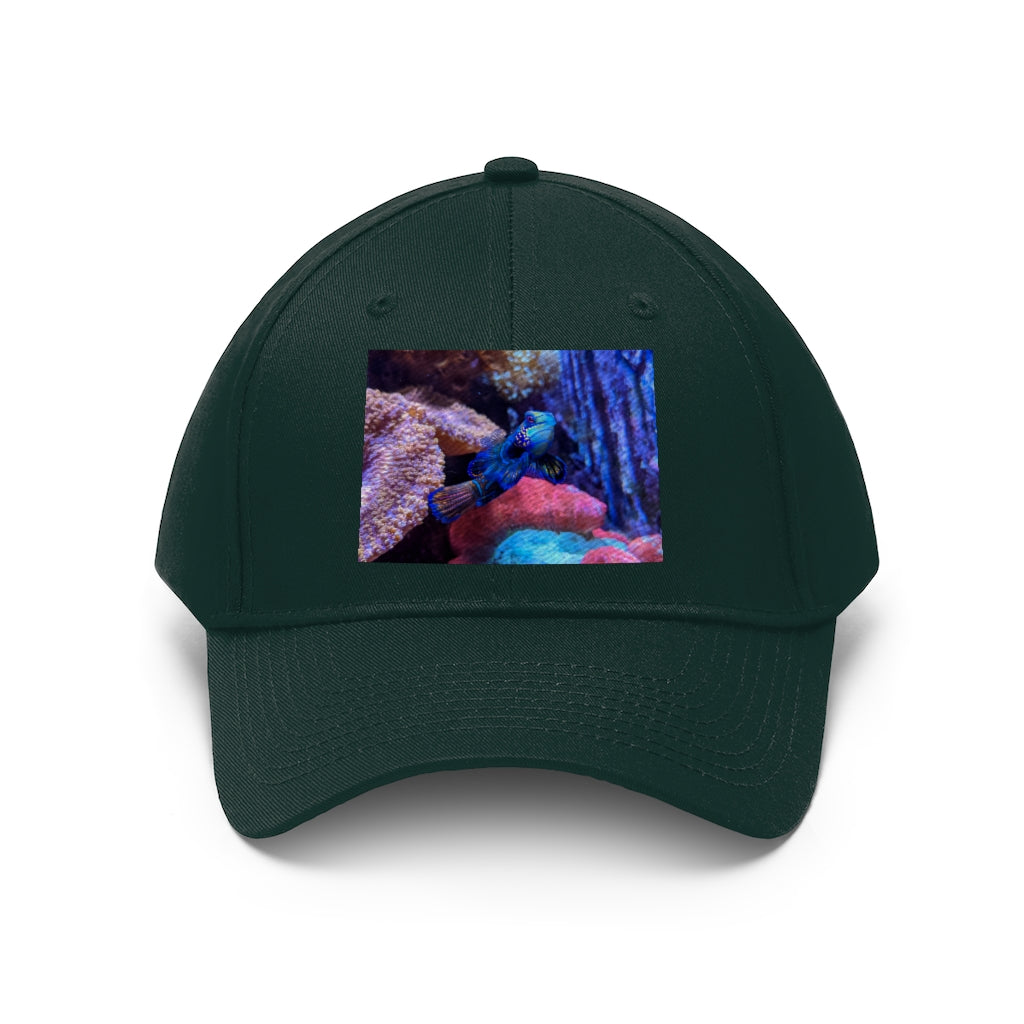 Blue Fish Unisex Twill Hat featuring a classic 6-panel design in 100% cotton twill with adjustable Velcro closure.