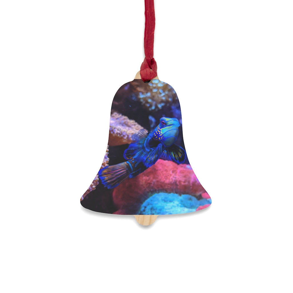 A collection of Blue Fish Wooden Christmas Ornaments in various whimsical shapes, featuring a rustic wood finish and red ribbons for hanging.