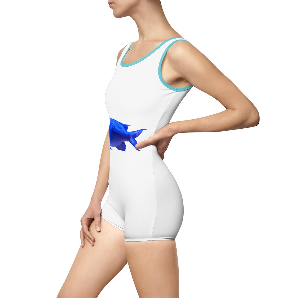 Blue Fish Women's Vintage Swimsuit featuring a deep U-shape neck cut, elastic strap edges, and customizable design options.