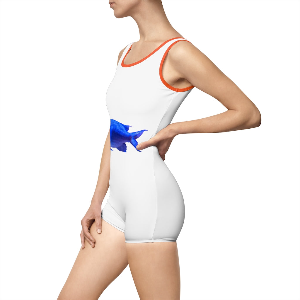 Blue Fish Women's Vintage Swimsuit featuring a deep U-shape neck cut, elastic strap edges, and customizable design options.