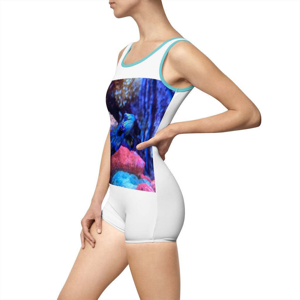 Blue Fish Women's Vintage Swimsuit featuring a deep U-shape neck cut, made from lightweight nylon and spandex blend, customizable design.