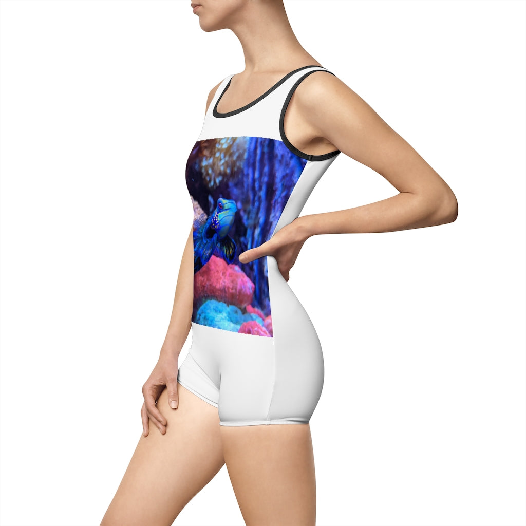 Blue Fish Women's Vintage Swimsuit featuring a deep U-shape neck cut, made from lightweight nylon and spandex blend, customizable design.