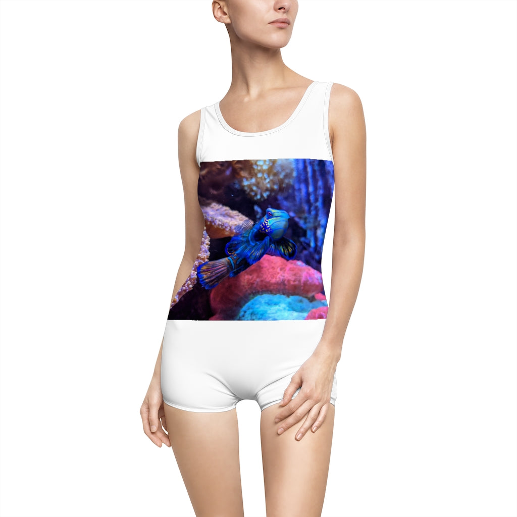 Blue Fish Women's Vintage Swimsuit featuring a deep U-shape neck cut, made from lightweight nylon and spandex blend, customizable design.