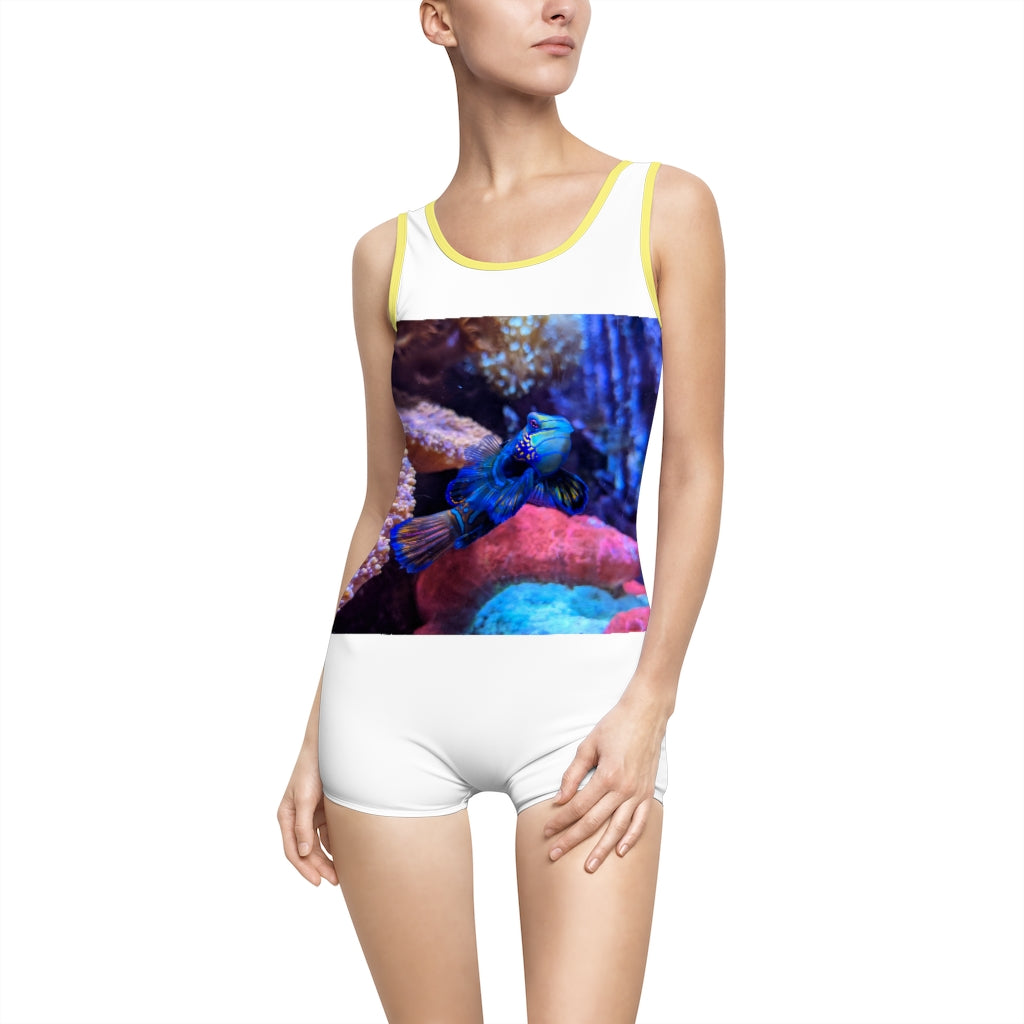 Blue Fish Women's Vintage Swimsuit featuring a deep U-shape neck cut, made from lightweight nylon and spandex blend, customizable design.