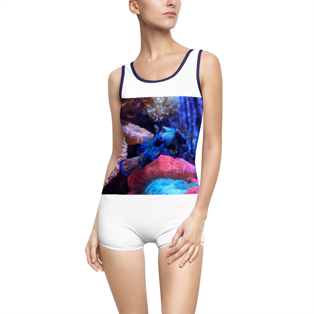 Blue Fish Women's Vintage Swimsuit featuring a deep U-shape neck cut, made from lightweight nylon and spandex blend, customizable design.
