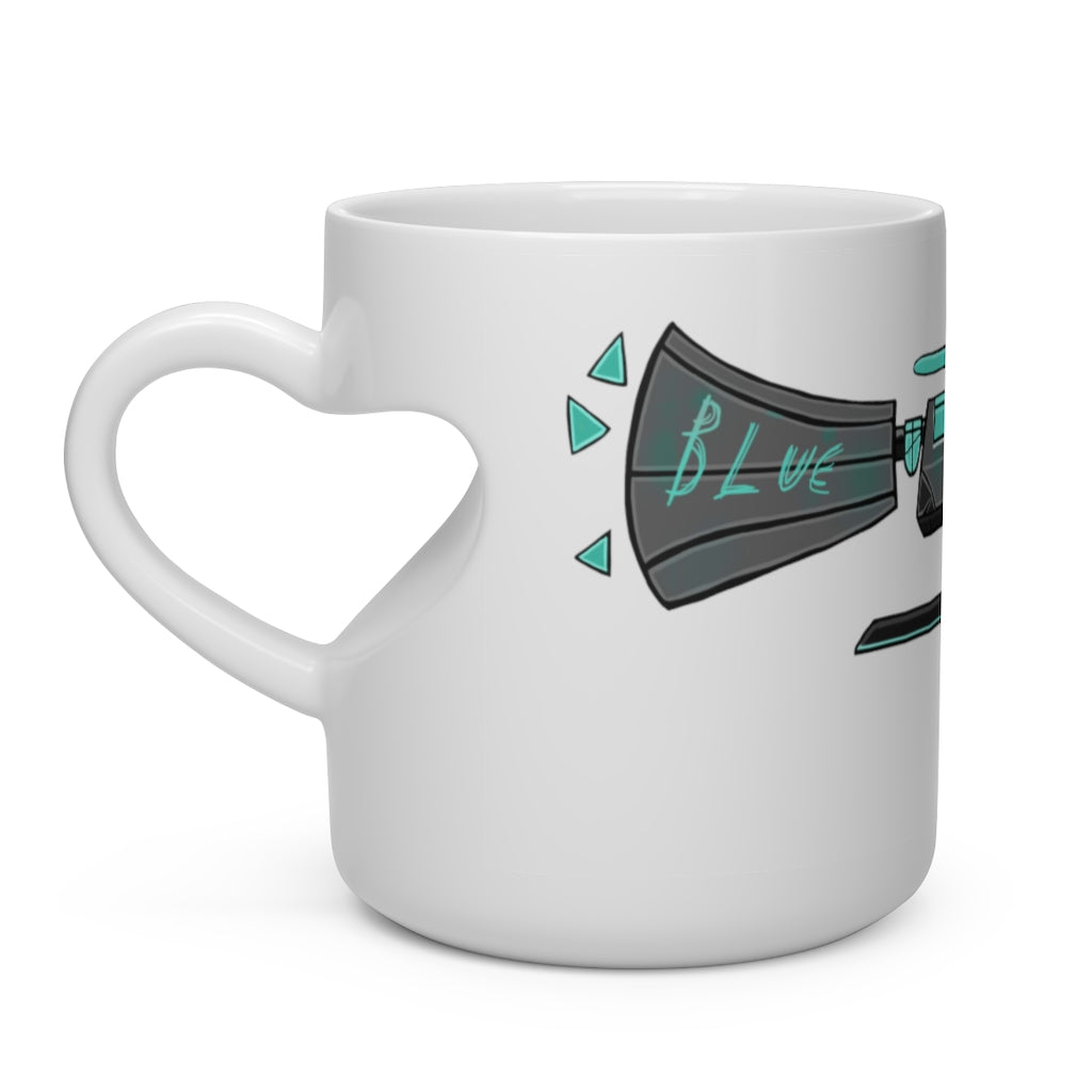Blue Gun Heart Shape Mug with a heart-shaped handle, perfect for hot beverages, made of white ceramic.