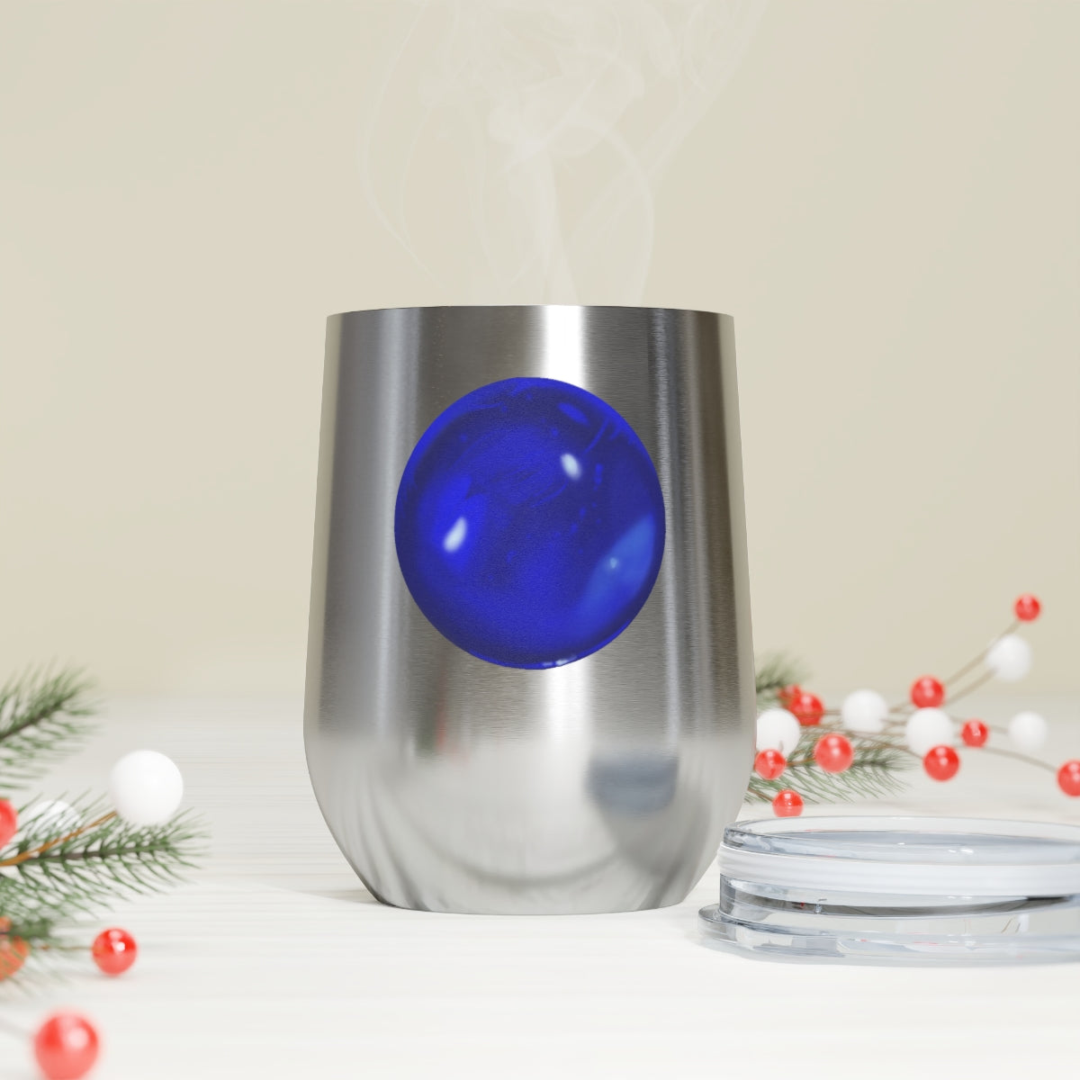 Blue Orb 12oz Insulated Wine Tumbler with clear lid, showcasing its sleek stainless steel design and double-wall insulation.