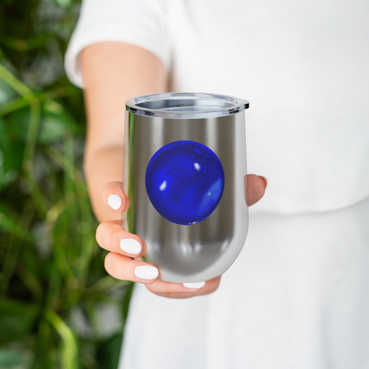 Blue Orb 12oz Insulated Wine Tumbler with clear lid, showcasing its sleek stainless steel design and double-wall insulation.