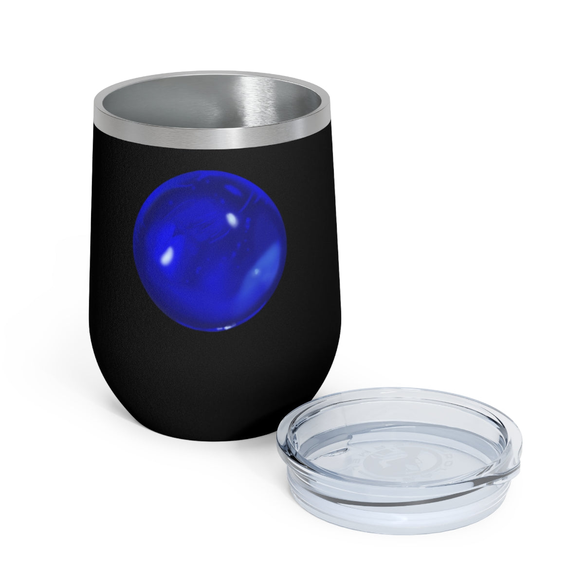 Blue Orb 12oz Insulated Wine Tumbler with clear lid, showcasing its sleek stainless steel design and double-wall insulation.