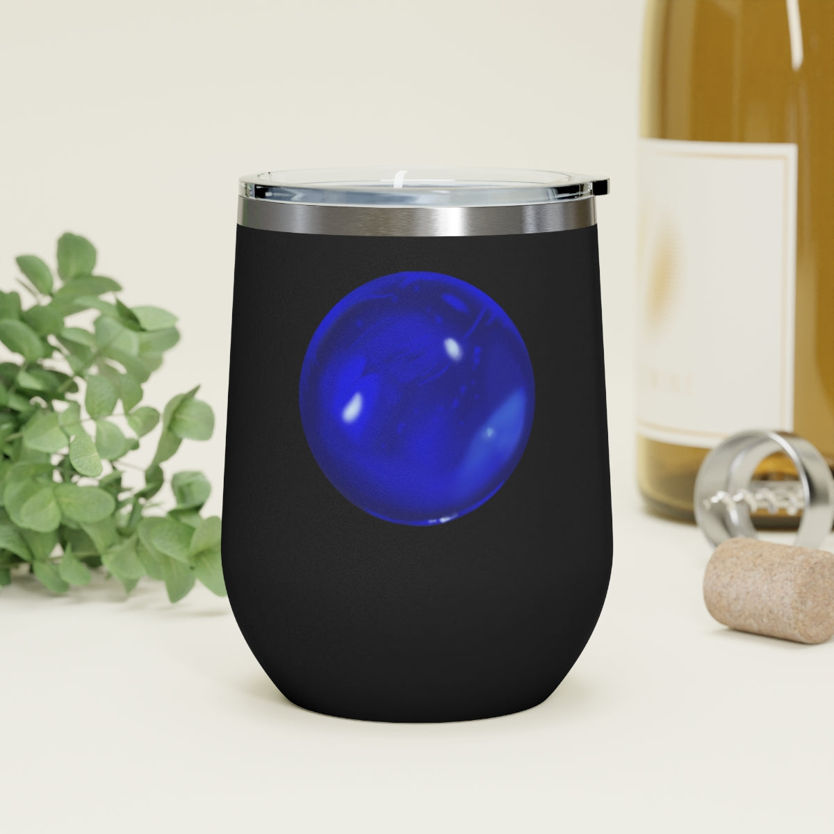 Blue Orb 12oz Insulated Wine Tumbler with clear lid, showcasing its sleek stainless steel design and double-wall insulation.