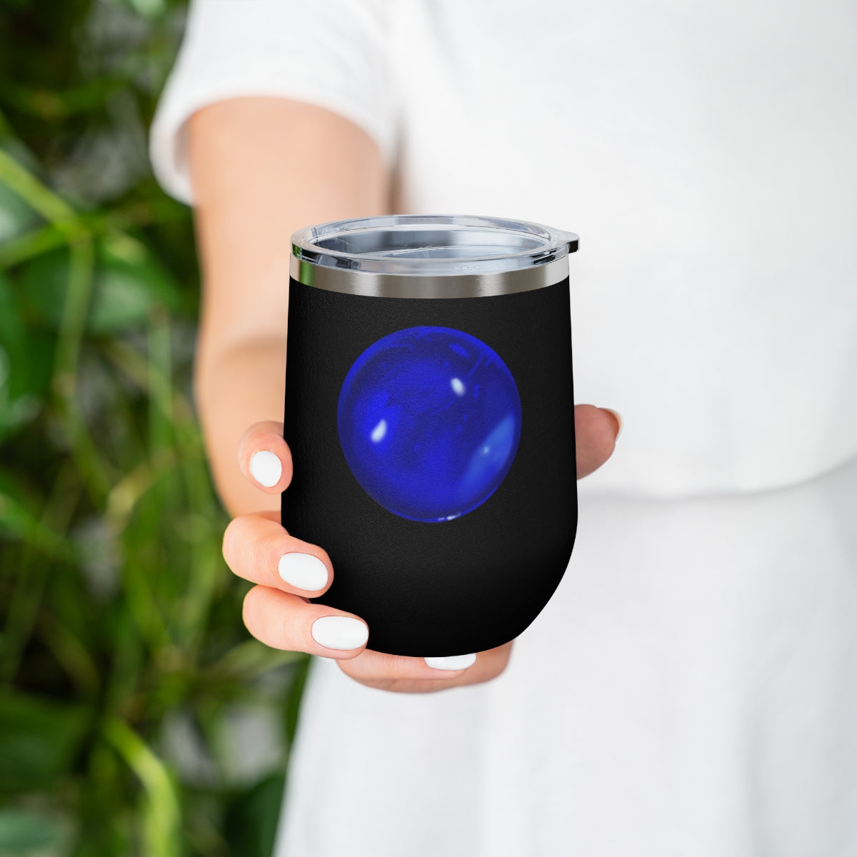 Blue Orb 12oz Insulated Wine Tumbler with clear lid, showcasing its sleek stainless steel design and double-wall insulation.