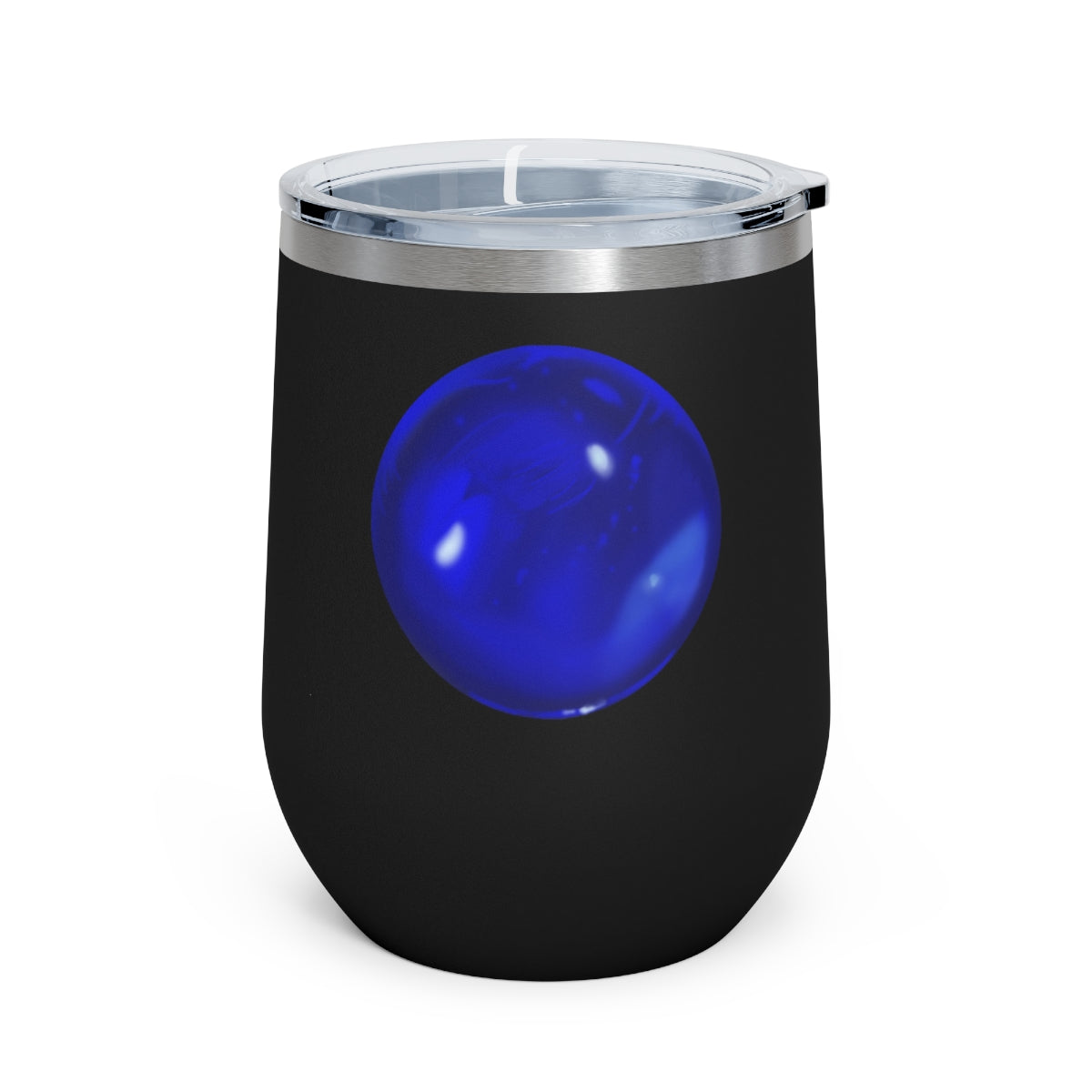 Blue Orb 12oz Insulated Wine Tumbler with clear lid, showcasing its sleek stainless steel design and double-wall insulation.