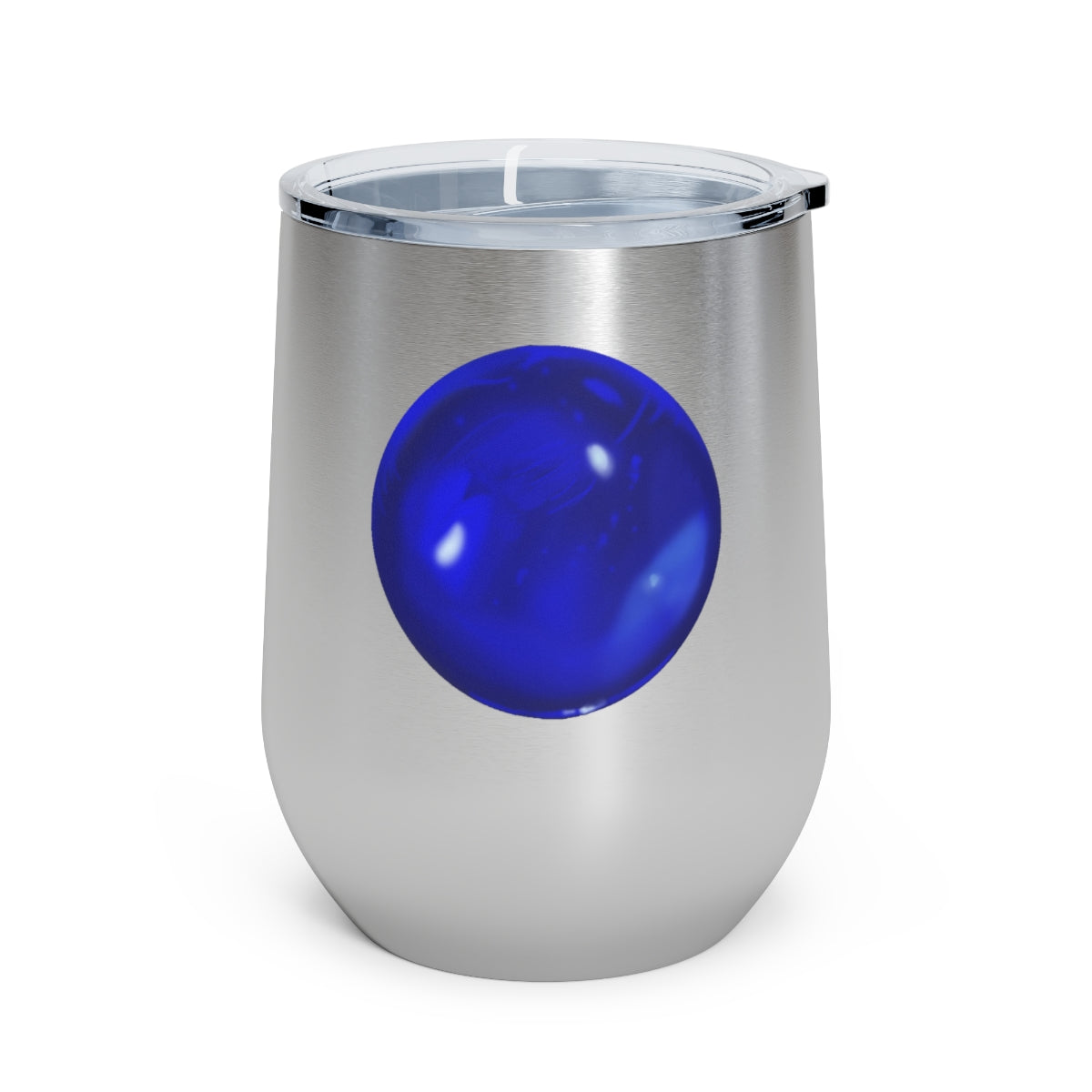 Blue Orb 12oz Insulated Wine Tumbler with clear lid, showcasing its sleek stainless steel design and double-wall insulation.