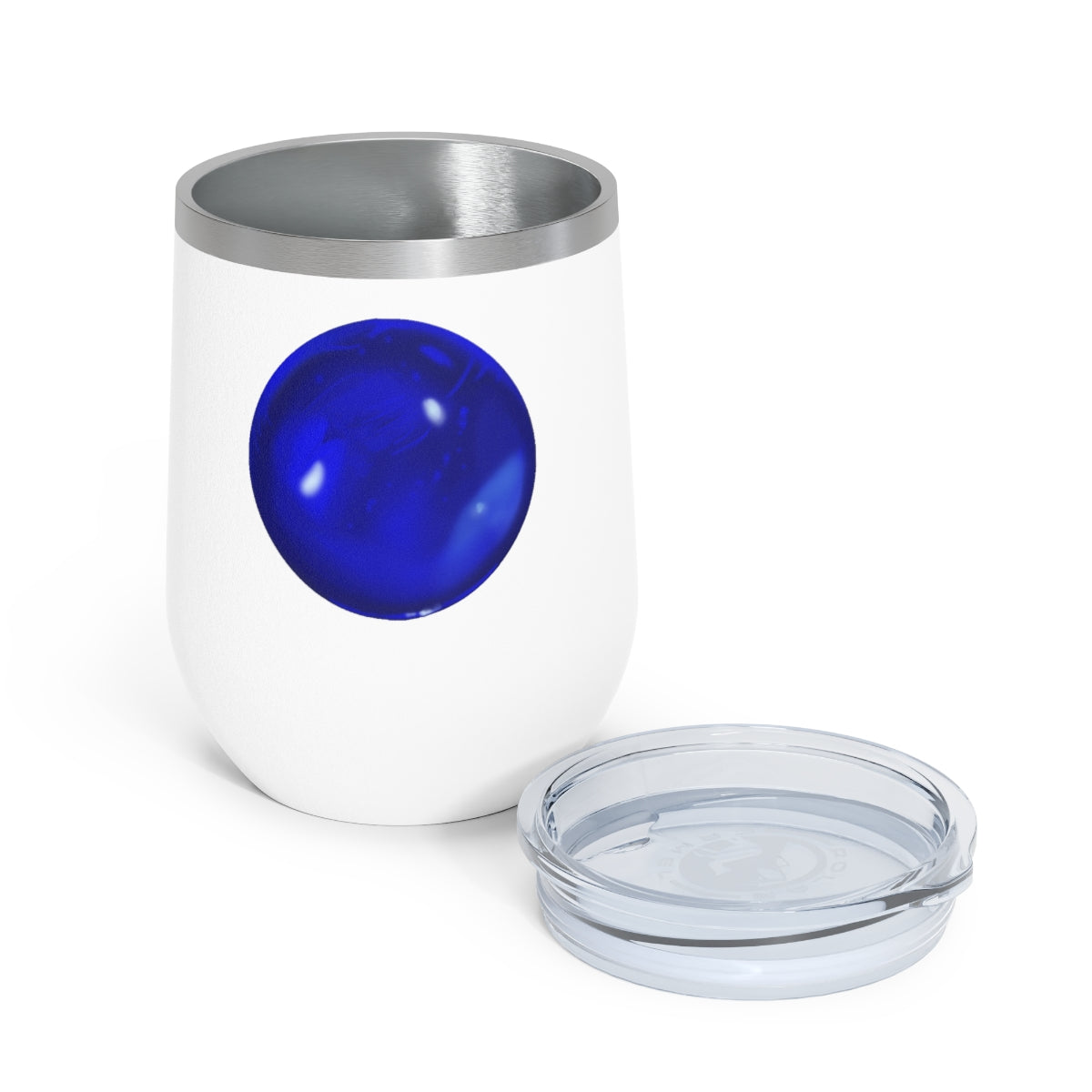 Blue Orb 12oz Insulated Wine Tumbler with clear lid, showcasing its sleek stainless steel design and double-wall insulation.