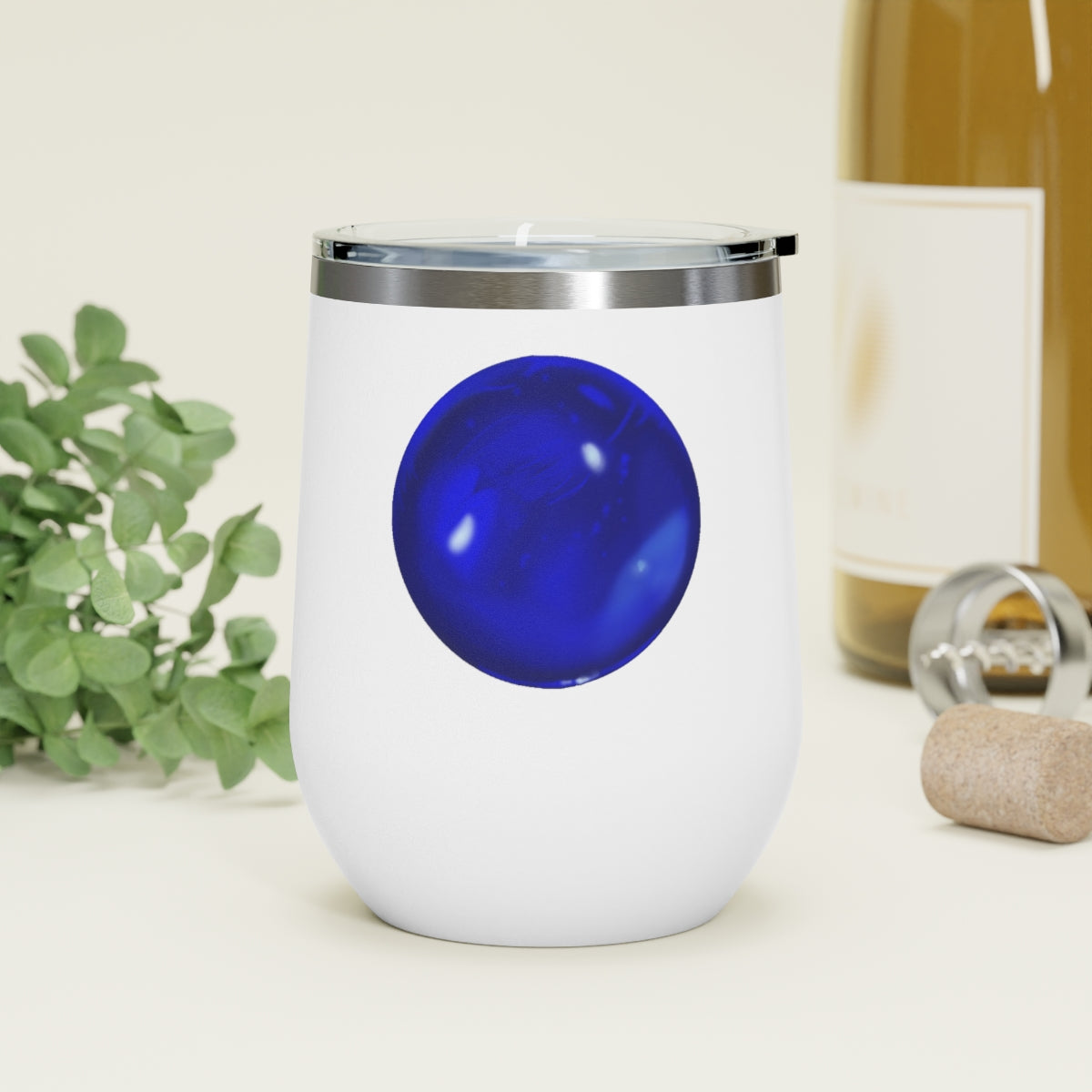 Blue Orb 12oz Insulated Wine Tumbler with clear lid, showcasing its sleek stainless steel design and double-wall insulation.