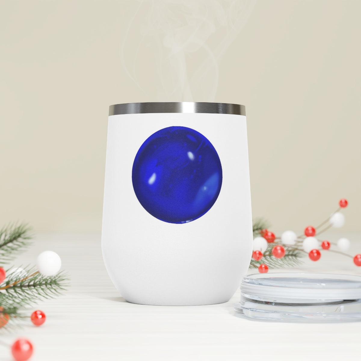 Blue Orb 12oz Insulated Wine Tumbler with clear lid, showcasing its sleek stainless steel design and double-wall insulation.