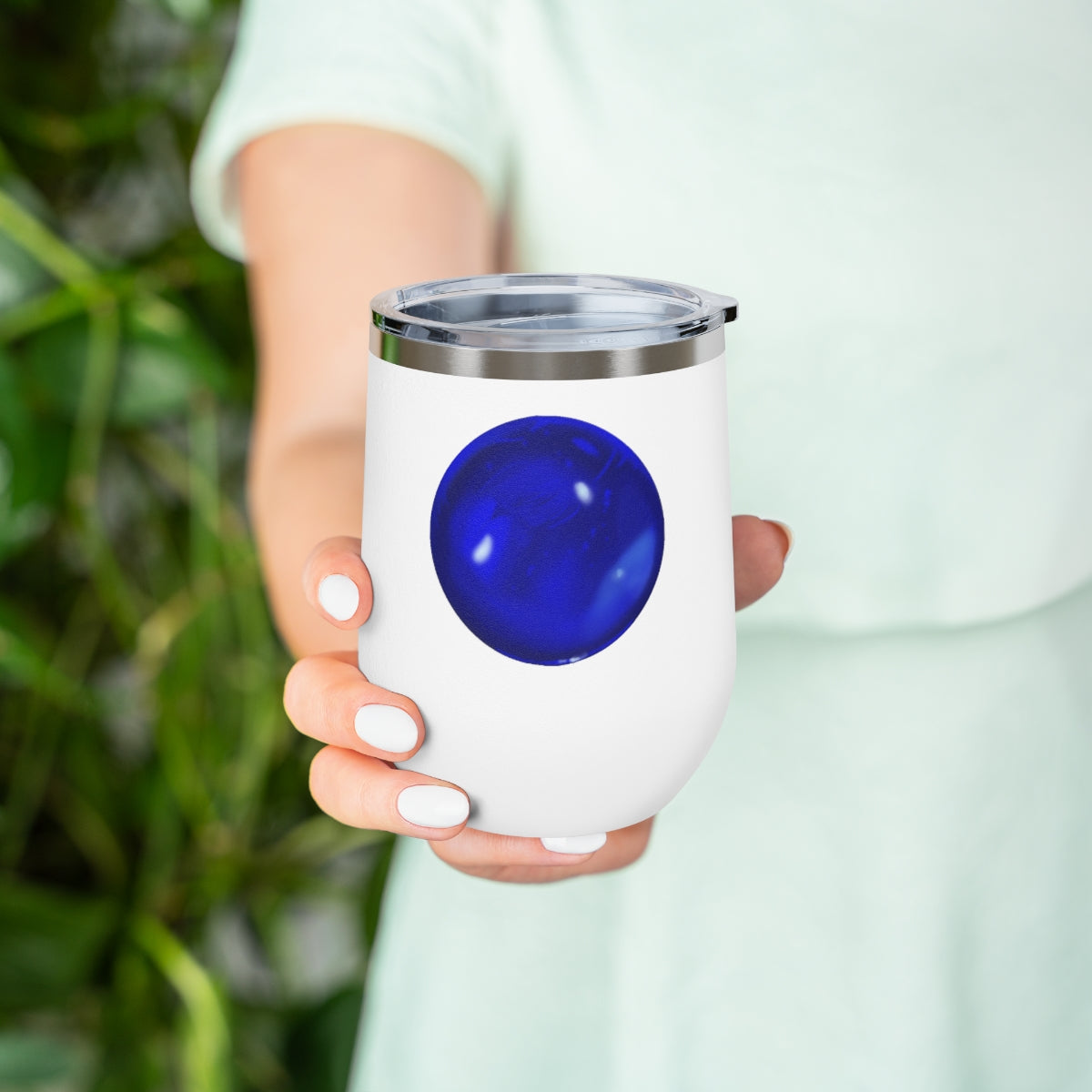 Blue Orb 12oz Insulated Wine Tumbler with clear lid, showcasing its sleek stainless steel design and double-wall insulation.