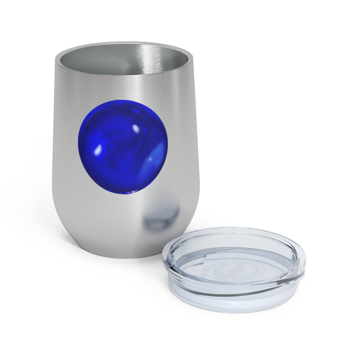 Blue Orb 12oz Insulated Wine Tumbler with clear lid, showcasing its sleek stainless steel design and double-wall insulation.