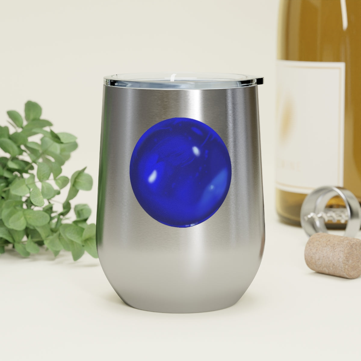 Blue Orb 12oz Insulated Wine Tumbler with clear lid, showcasing its sleek stainless steel design and double-wall insulation.