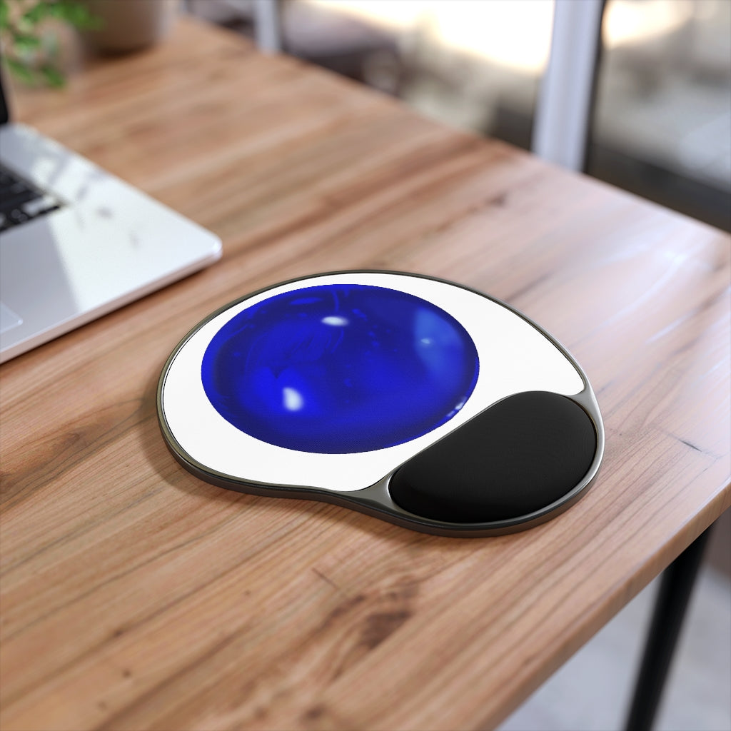 Blue Orb Mouse Pad featuring a Memory Foam wrist rest and a foot-shaped base, designed for ergonomic comfort and style.