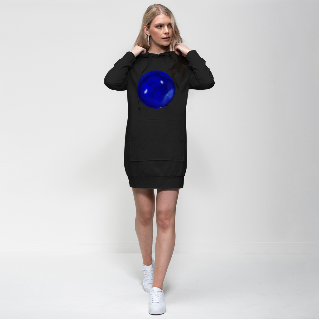 Blue Orb Premium Adult Hoodie Dress featuring a relaxed fit, hood with drawstring, and kangaroo pouch pocket, perfect for casual wear.