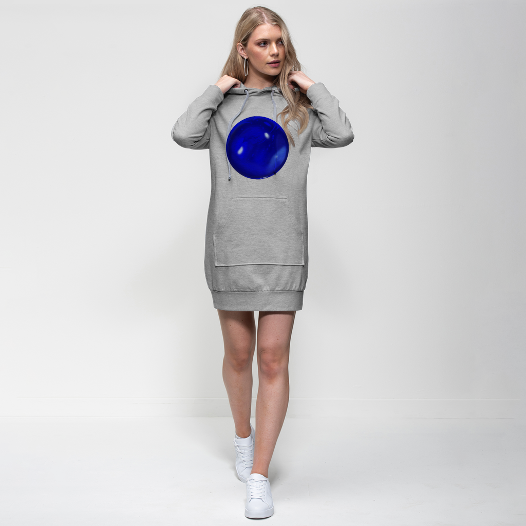 Blue Orb Premium Adult Hoodie Dress featuring a relaxed fit, hood with drawstring, and kangaroo pouch pocket, perfect for casual wear.