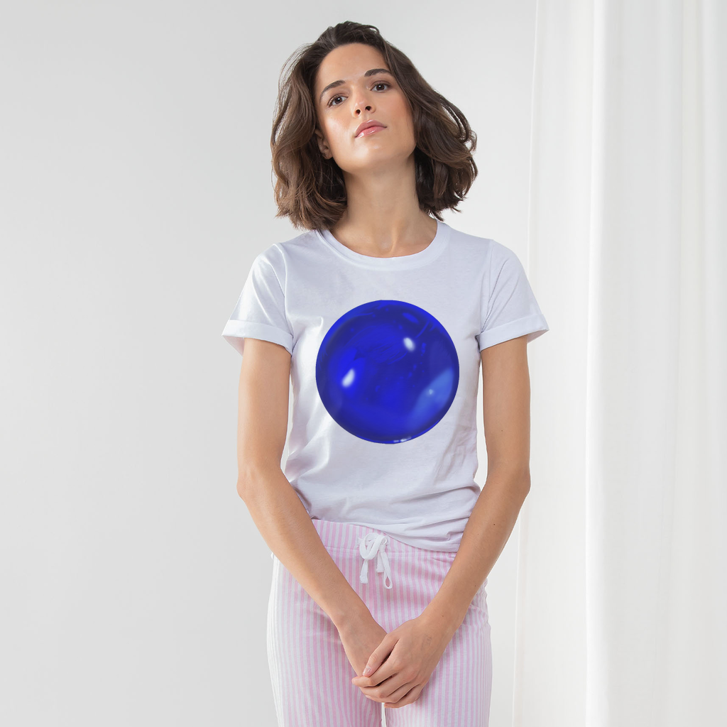 Blue Orb Women's Long Pant Pyjama Set featuring a white t-shirt, heather grey and light pink striped pants, and a matching drawcord bag.