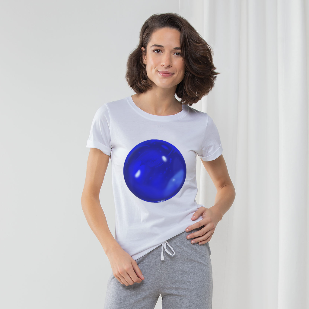 Blue Orb Women's Long Pant Pyjama Set featuring a white t-shirt, heather grey and light pink striped pants, and a matching drawcord bag.