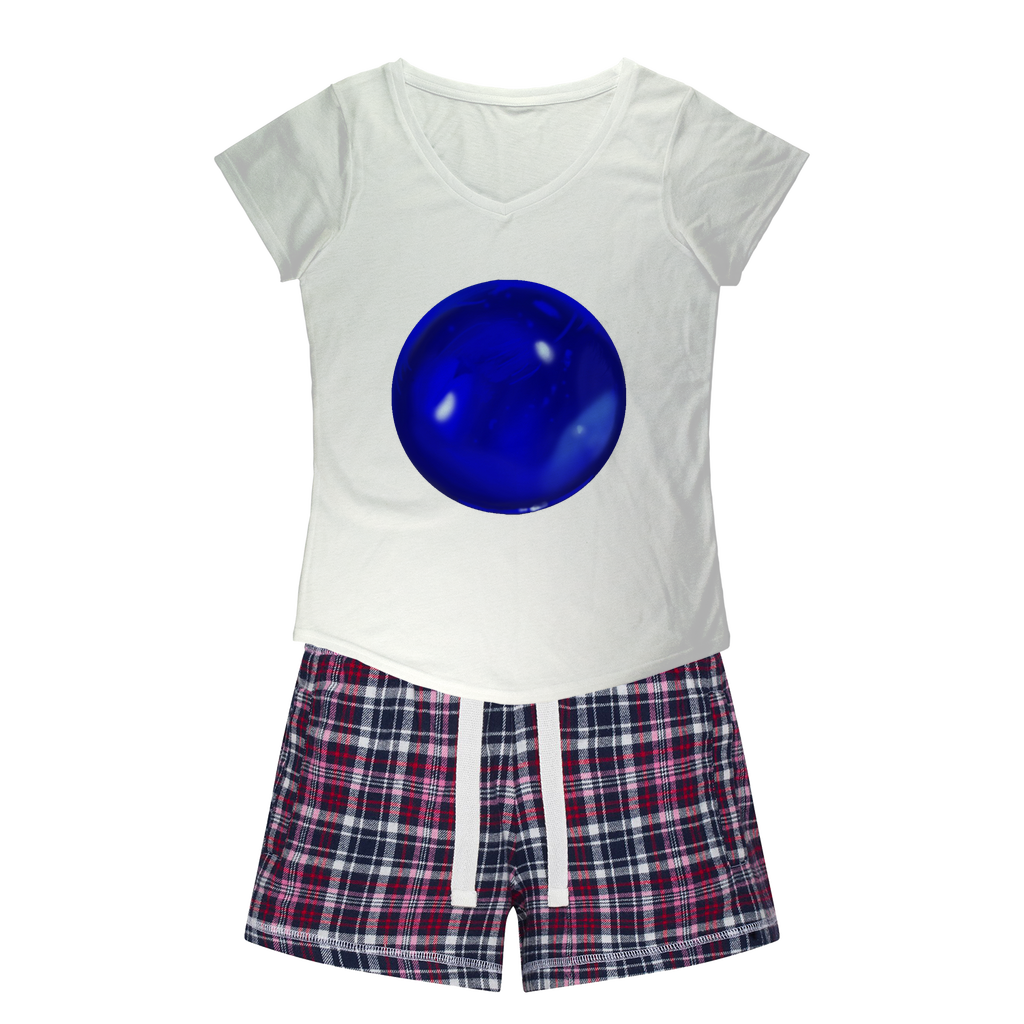 Blue Orb Women's Sleepy Tee and Flannel Short set featuring a relaxed fit T-shirt and colorful flannel shorts, perfect for comfortable nightwear.