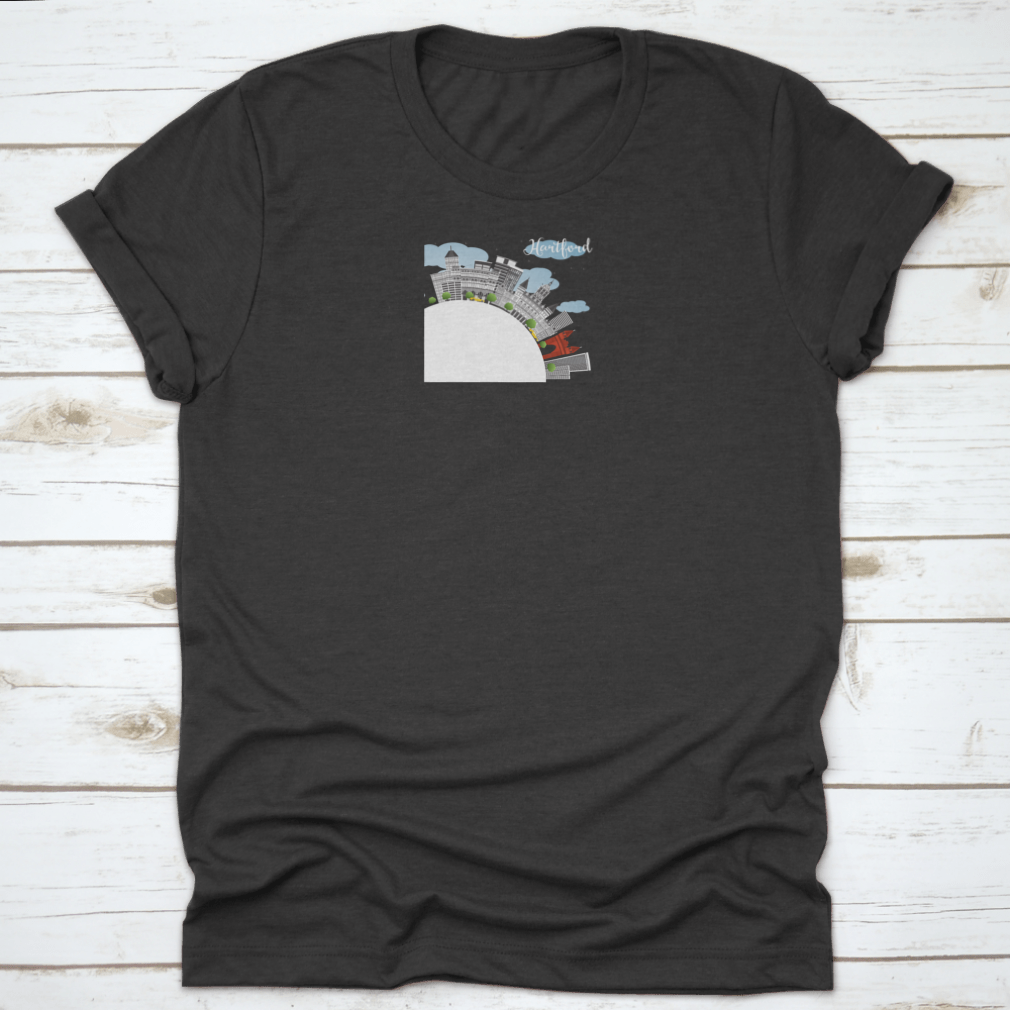Blue Sky Hartford Skyline T-shirt featuring gray buildings design, made from 100% cotton for comfort.