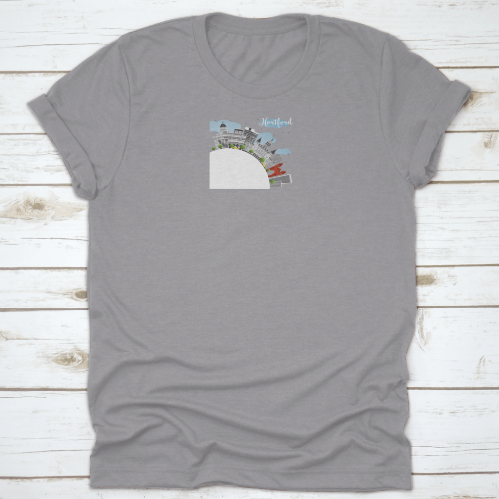 Blue Sky Hartford Skyline T-shirt featuring gray buildings design, made from 100% cotton for comfort.