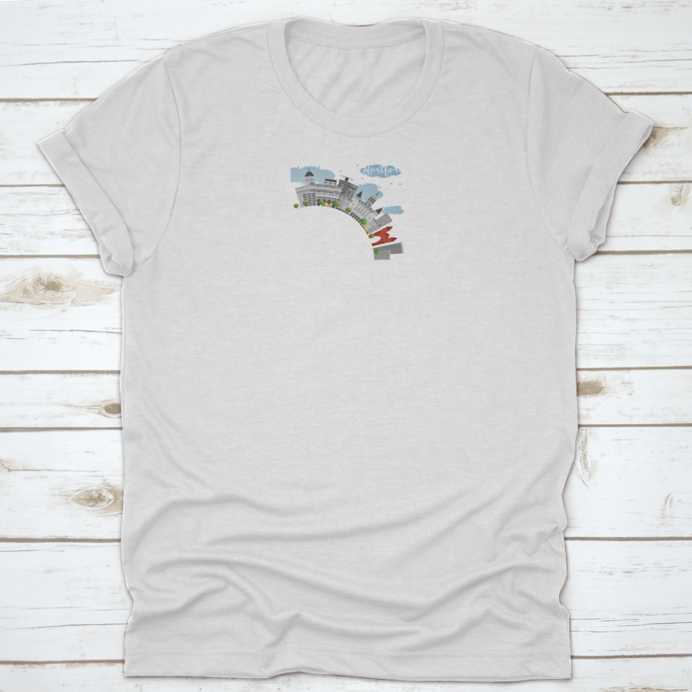 Blue Sky Hartford Skyline T-shirt featuring gray buildings design, made from 100% cotton for comfort.