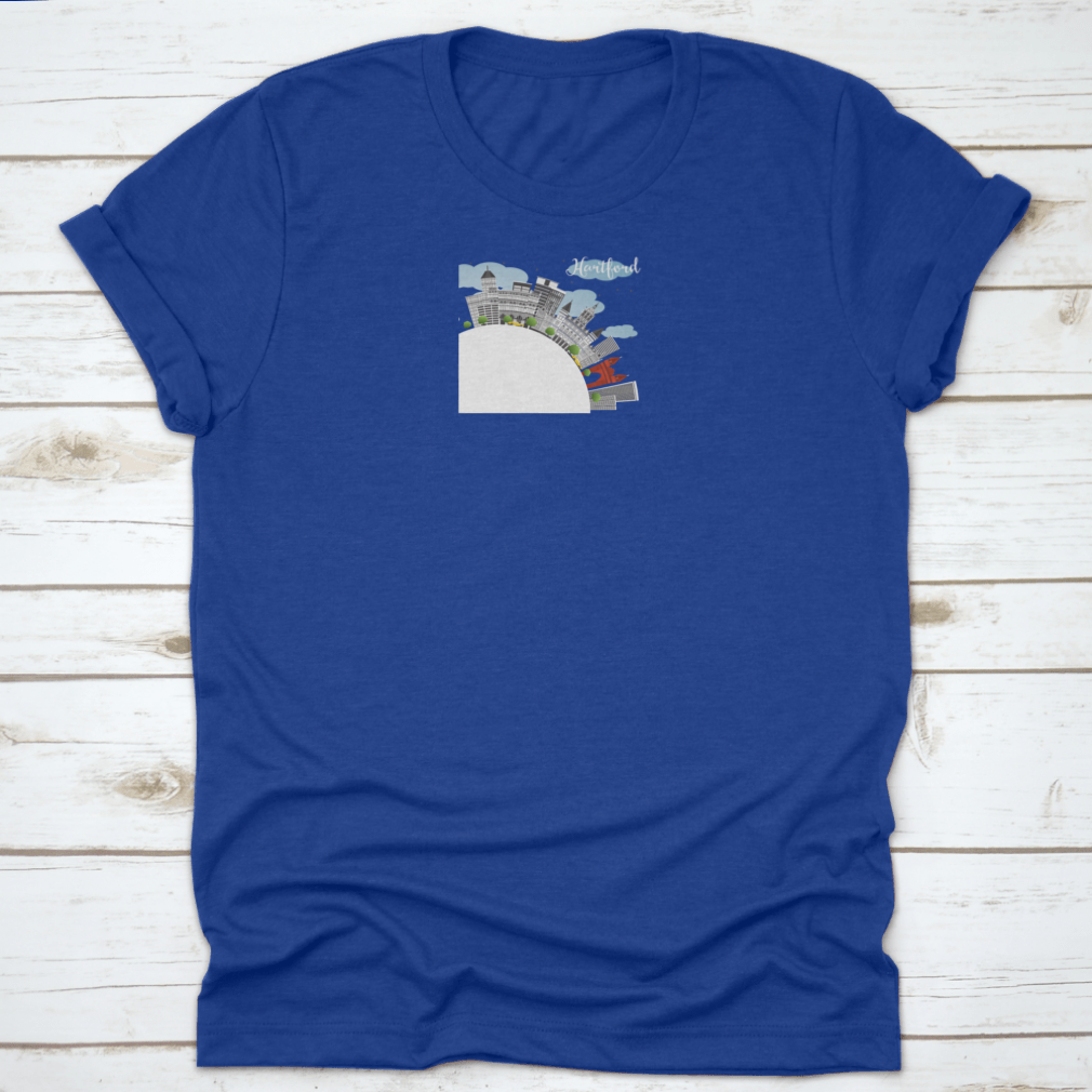 Blue Sky Hartford Skyline T-shirt featuring gray buildings design, made from 100% cotton for comfort.