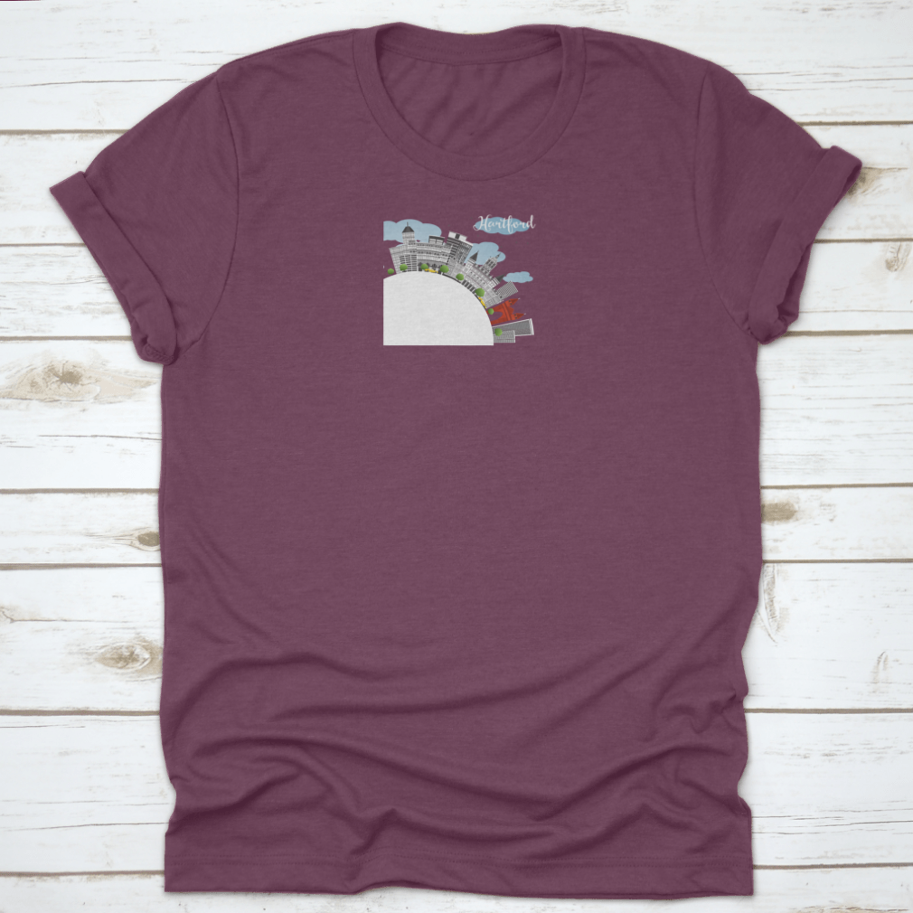 Blue Sky Hartford Skyline T-shirt featuring gray buildings design, made from 100% cotton for comfort.