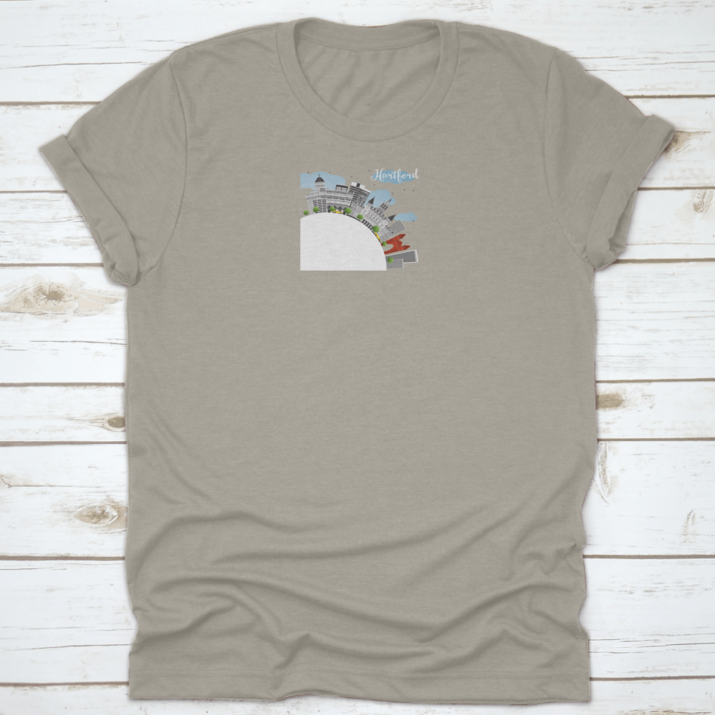 Blue Sky Hartford Skyline T-shirt featuring gray buildings design, made from 100% cotton for comfort.
