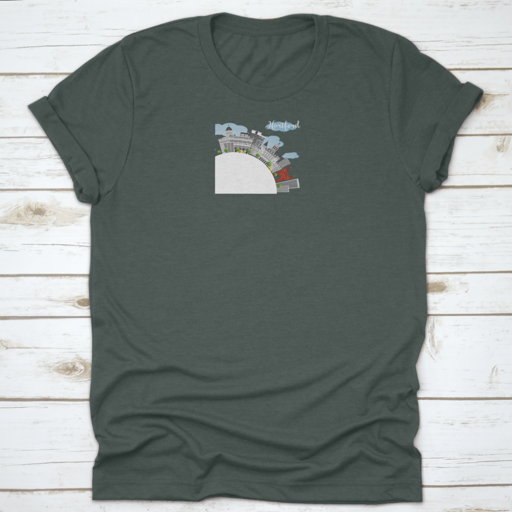 Blue Sky Hartford Skyline T-shirt featuring gray buildings design, made from 100% cotton for comfort.