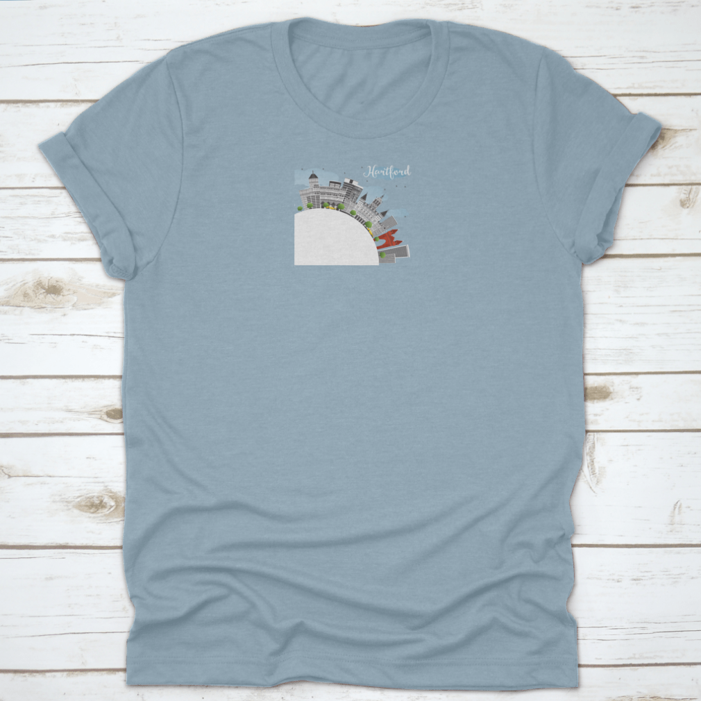 Blue Sky Hartford Skyline T-shirt featuring gray buildings design, made from 100% cotton for comfort.